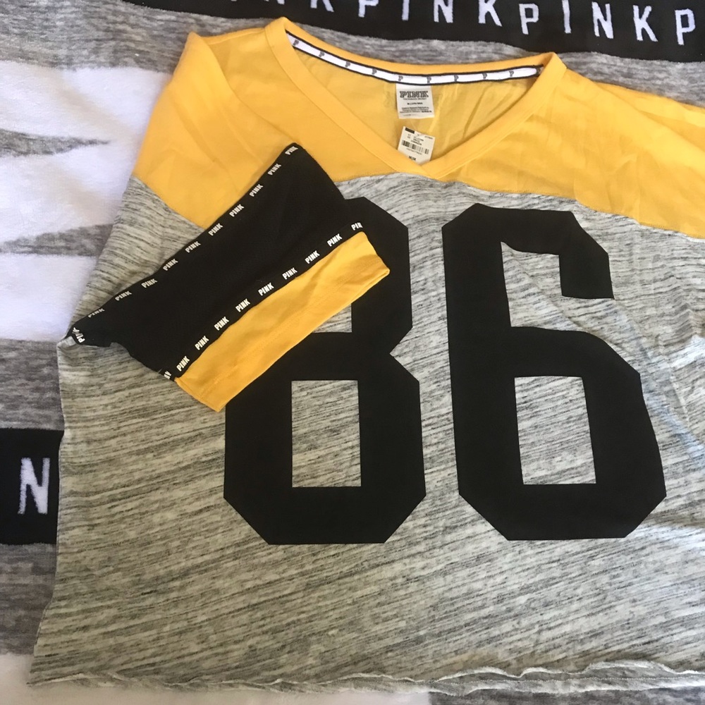 vs Pink v neck crop jersey tee 3/4 sleeve tee